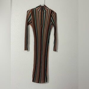 AKRIS Striped Knit Midi Dress Silk Wool Mock Neck Long Sleeve Size 4